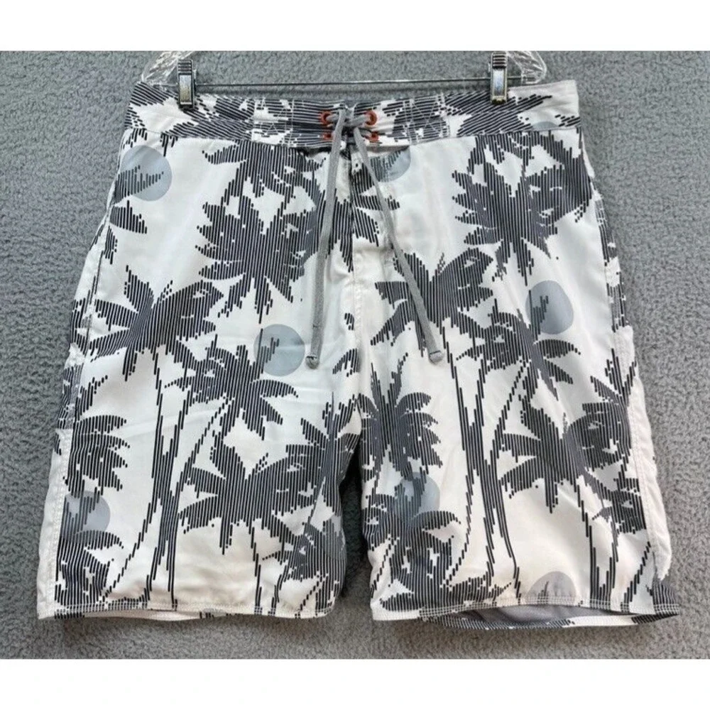 Old Navy Swim Shorts Mens L White Palm Tree Surf Board Shorts Tie Front Pocket